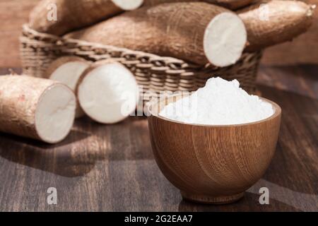 Organic raw Cassava Root Starch - Manihot esculenta. Stock Photo