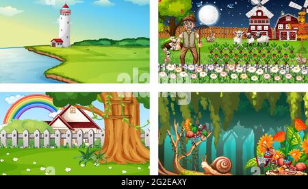 Four different nature horizontal scene  illustration Stock Vector
