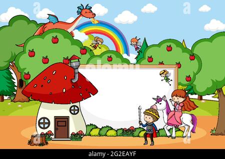 Fairy tales in forest with blank banner cartoon style on white ...