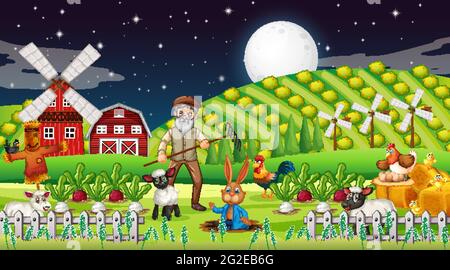 Farm at night scene with old farmer man and farm animals illustration Stock Vector