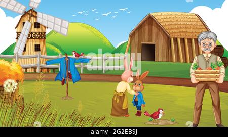 Farm horizontal landscape scene with farm animals illustration Stock ...