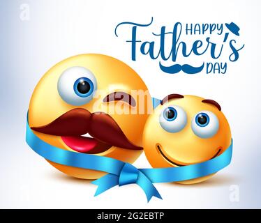 Smiley father's day vector design. Happy father's day text with emoji 3d father and child characters tied in ribbon for family parents day celebration. Stock Vector