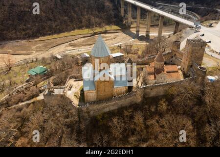 View from drone of ancient Ananuri Castle complex, Georgia Stock Photo