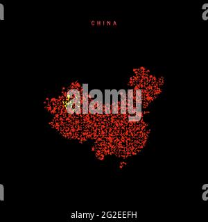 China flag map, chaotic particles pattern in the colors of the Chinese flag. Vector illustration isolated on black background. Stock Vector