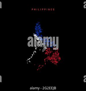 Philippines flag map, chaotic particles pattern in the colors of the Philippine flag. Vector illustration isolated on black background. Stock Vector
