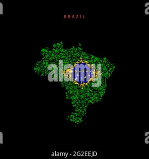 Brazil flag map, chaotic particles pattern in the colors of the Brazilian flag. Vector illustration isolated on black background. Stock Vector