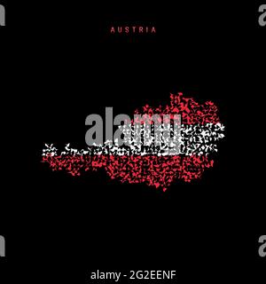 Austria flag map, chaotic particles pattern in the colors of the Austrian flag. Vector illustration isolated on black background. Stock Vector