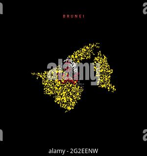 Brunei flag map, chaotic particles pattern in the colors of the Brunei flag. Vector illustration isolated on black background. Stock Vector