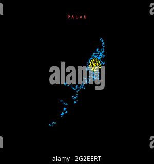 Palau flag map, chaotic particles pattern in the colors of the Palau flag. Vector illustration isolated on black background. Stock Vector