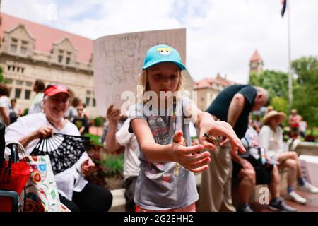 Bloomington, US. 10th June 2021. A girl catches a Brood X cicada during the demonstration.Anti-vaxxers and anti-maskers gathered at Indiana University's Sample Gates to protest against mandatory Covid vaccinations IU is requiring for students, staff and faculty during the upcoming fall semester. The protesters say their constitutional rights are being infringed, and have launched a law suit. Credit: SOPA Images Limited/Alamy Live News Stock Photo