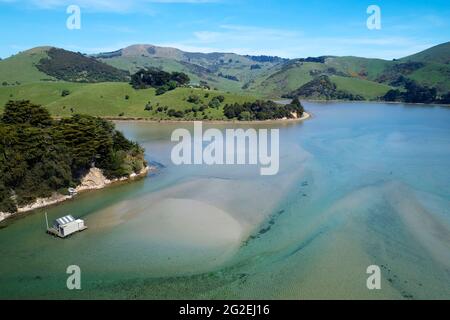 Hoopers Inlet, Otago Peninsula, Dunedin, South Island, New Zealand - drone aerial Stock Photo