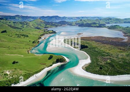 Hoopers Inlet and Allans Beach, Otago Peninsula, Dunedin, South Island, New Zealand - drone aerial Stock Photo