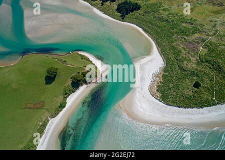 Hoopers Inlet and Allans Beach, Otago Peninsula, Dunedin, South Island, New Zealand - drone aerial Stock Photo