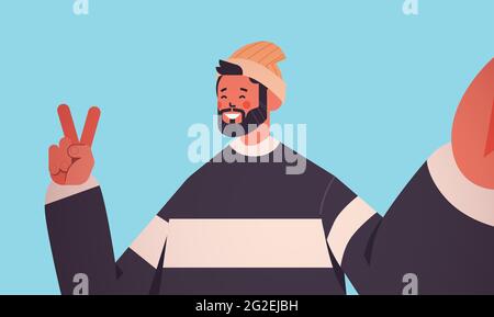 happy man taking selfie on smartphone camera in hand casual guy making self photo horizontal Stock Vector