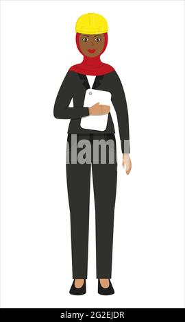 Muslim woman in yellow helmet with tablet Stock Vector