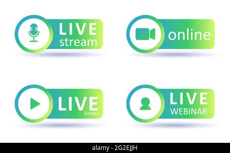 Set of live streaming icons. Gradient symbols and buttons of live streaming, broadcasting, online webinar. Label for tv, shows, movies and live Stock Vector
