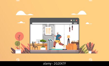 african american man running on treadmill guy working out online training healthy lifestyle home sport Stock Vector