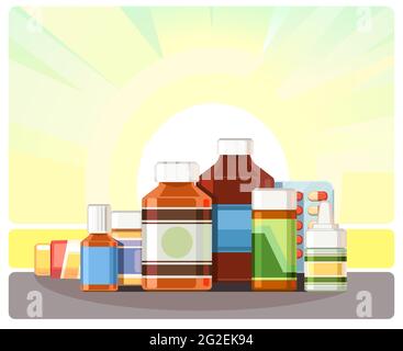 Medicines. Still life with bottles, tablets, capsules. Medicinal Pharmaceuticals. First aid kit. Pharmacy. Isolated on white background. Illustration Stock Vector