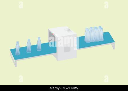 Process of shrink film wrapping machine for package bottle of water. Food industry production. Stock Vector