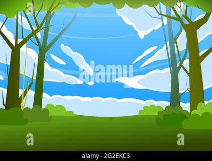 Forest trees vector. Dense wild plants with tall, branched trunks. Sky with clouds. Summer green landscape. Flat design. Cartoon style. Vector Stock Vector