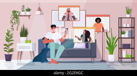 man chatting with mix race colleagues during video call people in web browser windows having online conference Stock Vector