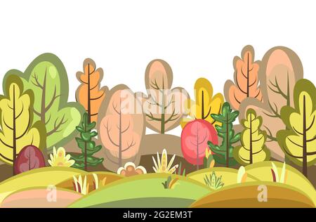 Flat autumn forest. Landscape with trees. Red. Illustration in a simple symbolic style. A funny scene. Comic cartoon design. Country wild plants Stock Vector