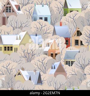 Rural houses. Seamless pattern. Trees. Winter season. Gable roofs are covered with snow. Nice and cozy suburban village. Flat cartoon style. Vector Stock Vector