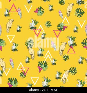 Vector bright yellow background tropical birds, parrots, exotic cheese plant, monstera, hibiscus flowers. Seamless pattern background Stock Vector