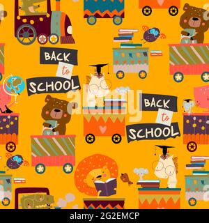 Seamless Pattern with Cartoon Animals riding to the School by Train Stock Vector