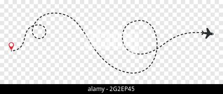 Plane paths vector. Aircraft tracking, planes silhouettes, location pins isolated on transparent background. Illustration of route flight line Stock Vector