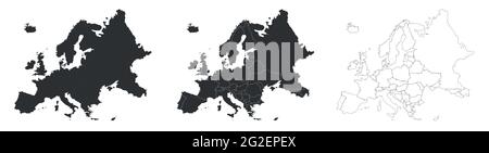 Europe maps set with country borders isolated on white. Grey coloured maps set Stock Vector