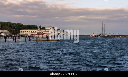 Sassnitz, Mecklenburg-Western Pomerania, Germany - October 02, 2020: Boats in city harbour of Sassnitz