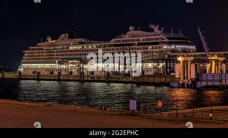Sassnitz, Mecklenburg-Western Pomerania, Germany - October 01, 2020: A Viking Cruise ship in the docks of Mukran harbour