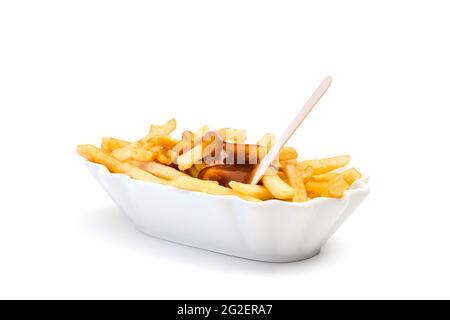 french fries with ketchup and pick in ceramic bowl isolated Stock Photo