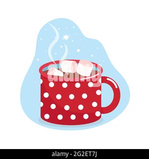 Mug with cocoa and marshmallows, blue mug in white polka dots, vector flat illustration, isolated, cartoon Stock Vector