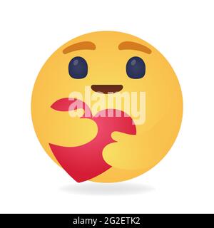 Vector emoticon hugging heart. Yellow emoji expressing sympathy and concern during the coronavirus pandemic. Design for use in chat, email, massage an Stock Vector
