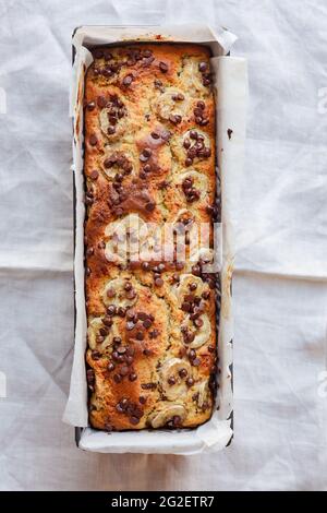 Directly above shot of banana bread in a cake pan Stock Photo