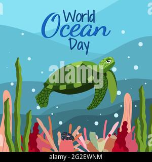 World ocean day in cartoon style on blue background with cute big green turtle, seaweed and corals. Square orientation. Vector graphic. June 8. Stock Vector