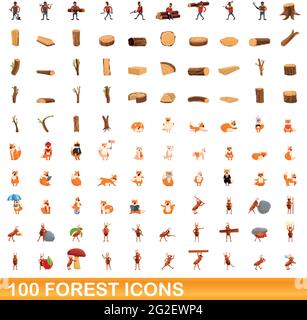 100 forest icons set. Cartoon illustration of 100 forest icons vector set isolated on white background Stock Vector