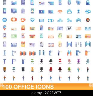 100 office icons set. Cartoon illustration of 100 office icons vector set isolated on white background Stock Vector