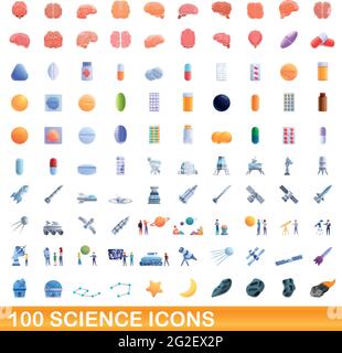 100 science icons set. Cartoon illustration of 100 science icons vector set isolated on white background Stock Vector