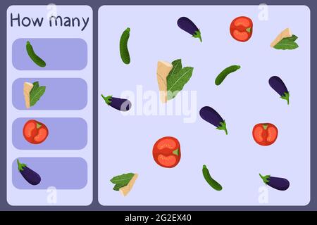 Kids mathematical mini game - count how many vegetables - zucchini, horseradish, tomato, eggplant. Educational games for children. Cartoon design template on colorful backdrop. Vector graphic. Stock Vector