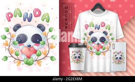 Panda with heart poster and merchandising. Stock Vector
