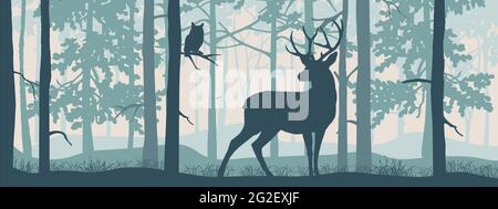 Horizontal banner of forest landscape. Deer with antlers in magic misty forest. Owl on branch. Silhouettes of trees and animals. Blue background, illu Stock Vector