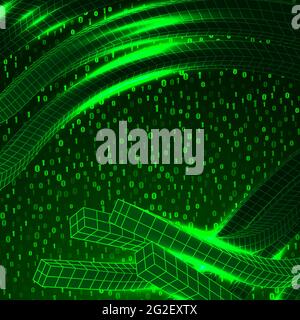Abstract background with 3D grid lines waving with running digits on the background. Technological abstraction. Stock Vector