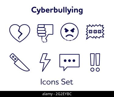 Set of outline icons - Cyber Bullying. Vector symbols of hate and aggression. Evil face, bubble speech, broken heart, knife, dislike Stock Vector