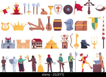 Medieval icons set. Cartoon set of medieval vector icons for web design Stock Vector