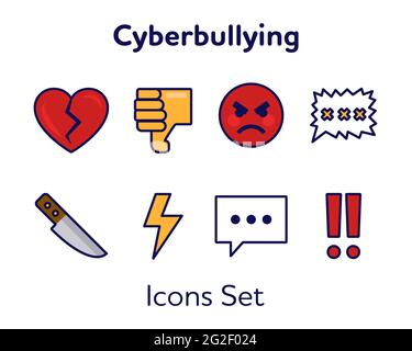 Vector Cyber Bullying Icons Set. Solid symbols of aggression. Evil face, broken heart, knife, thumb down dislike, red and yellow Stock Vector