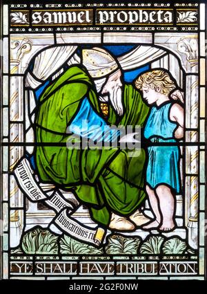 Detail of Burne-Jones Vyner memorial stained glass window in the lady Chapel of Christ Church Cathedral, Oxford.  Shows Samuel & Eli. Stock Photo