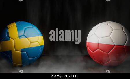 Two soccer balls in flags colors on a black abstract background. Sweden and Poland. 3d image Stock Photo